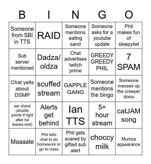 Philza Stream Bingo (by @PhilzaUpdates) Bingo Card