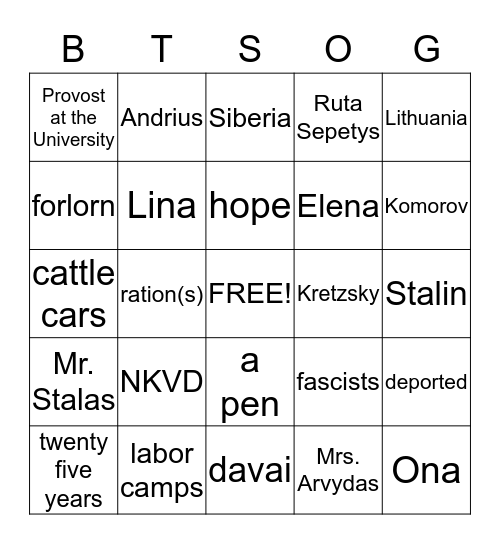 Between the Shades of Gray Bingo Card