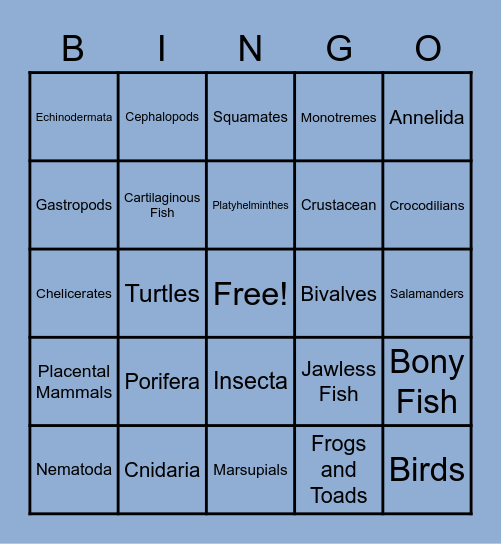 (7th-Science) Ch. 10C - Animals Phylum BINGO: Think You Know Your Animal Classification? Bingo Card