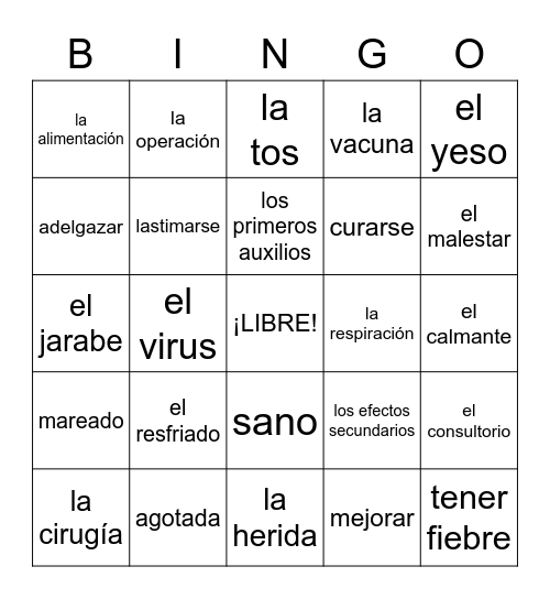 La salud y el bienestar Bingo Card