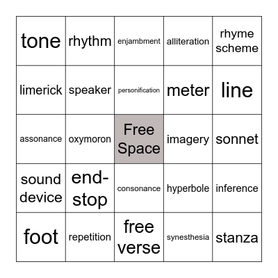 Poetry Vocab Bingo Card