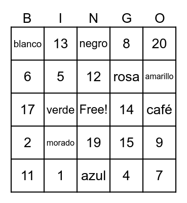 BINGO DE COLORES Y NUMEROS Bingo Card