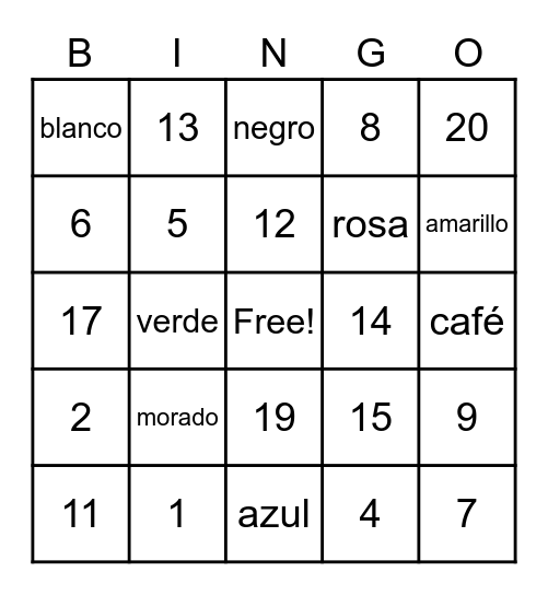 BINGO DE COLORES Y NUMEROS Bingo Card
