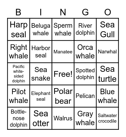 Marine Mammals, Birds and Reptiles Bingo Card