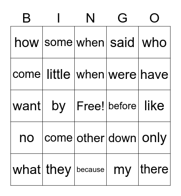 Sight words Bingo Card