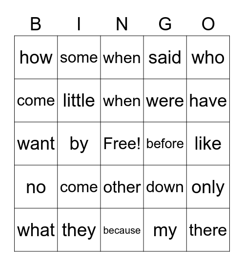 Sight words Bingo Card