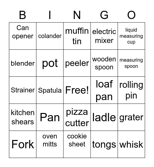 Kitchen Tools Bingo Card