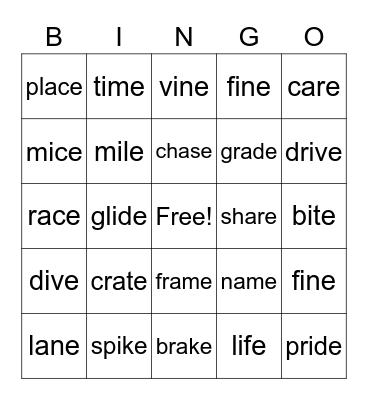 CVCe  long a and i Bingo Card