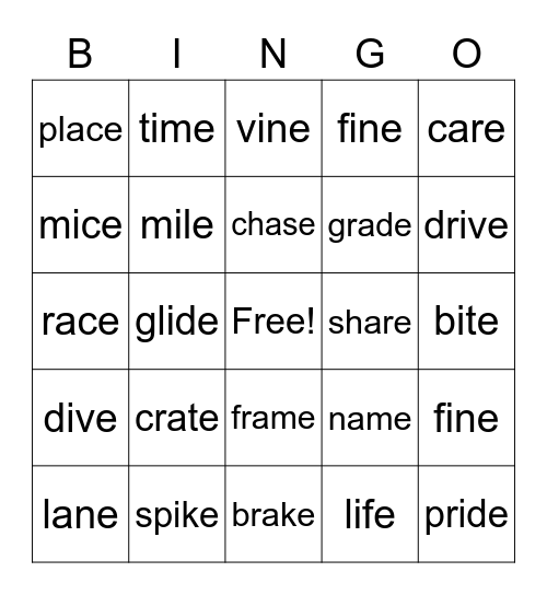 CVCe  long a and i Bingo Card
