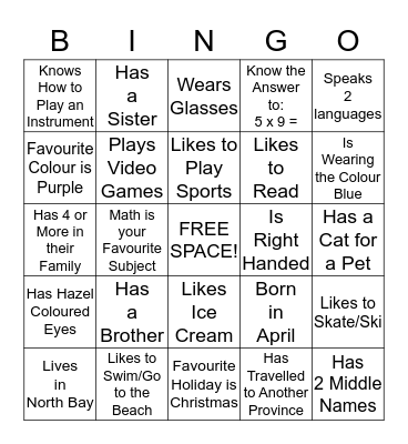 "Get to Know Me" Bingo Card