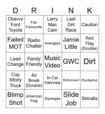 NASCAR Bingo Card