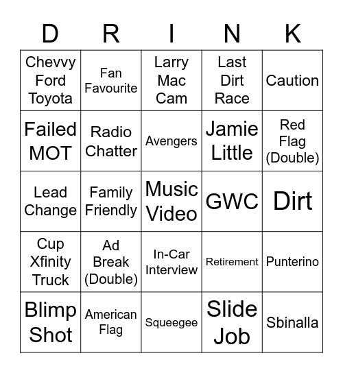 NASCAR Bingo Card