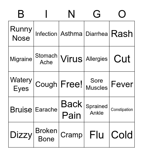 Illnesses and Injuries Bingo Card