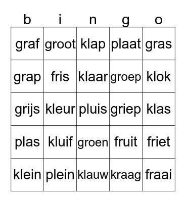 kleefletters kl, gr, fr, kl, pl, Bingo Card