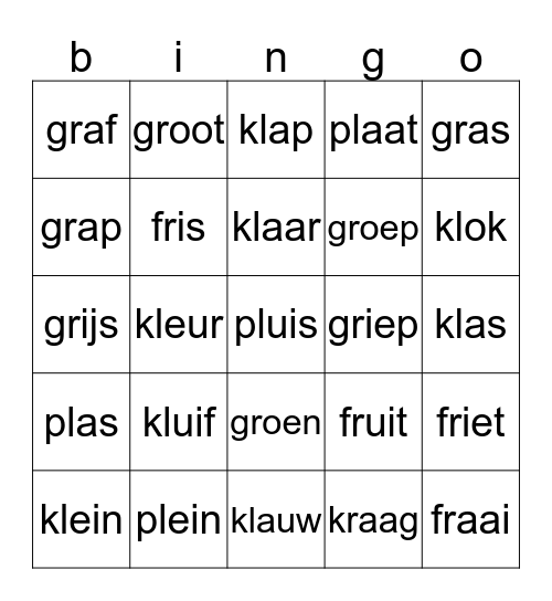 kleefletters kl, gr, fr, kl, pl, Bingo Card