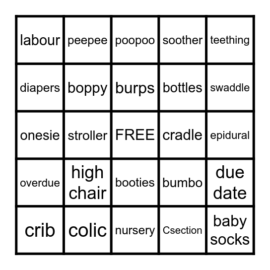 Baby Chu's BABY SHOWER BINGO Card