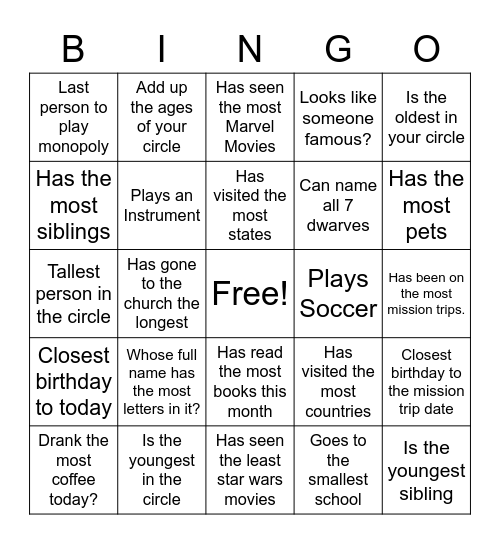 Mission Trip Bingo Card