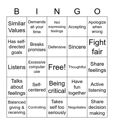 Healthy Relationships Bingo Card