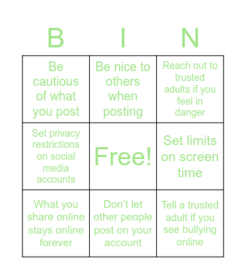 Internet safety bingo Card