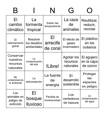 Vocabulario Medio Ambiente y Sustentabilidad Bingo Card