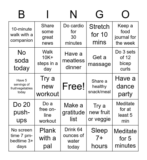 #BeWell Bingo Card