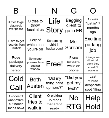 Covid-19 Veterinary Curbside Bingo Card