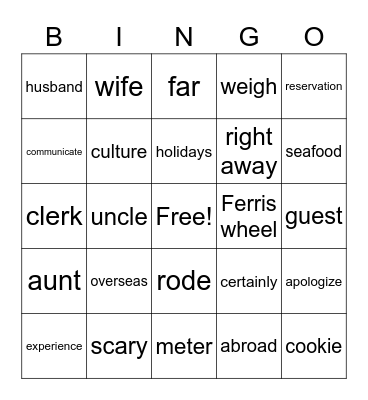 A Trip to Singapore Bingo Card