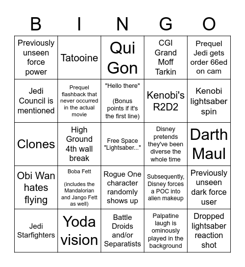 Kenobi Bingo Card