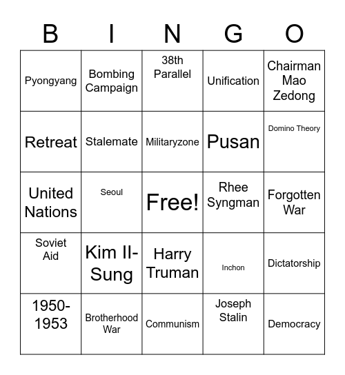 Korean War Bingo Card