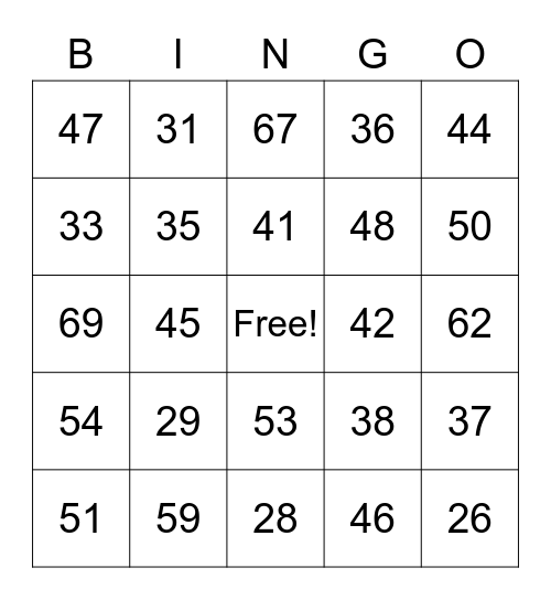 BINGO  Numbers 25-84 Bingo Card