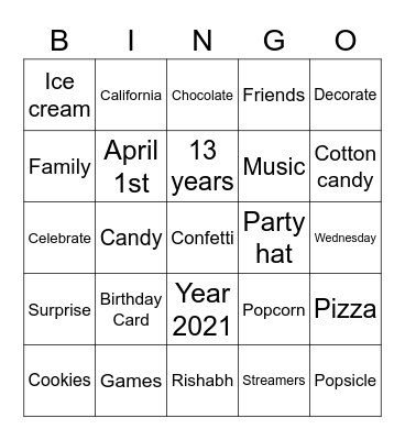 Rishabh's 13th Birthday Bingo! Bingo Card