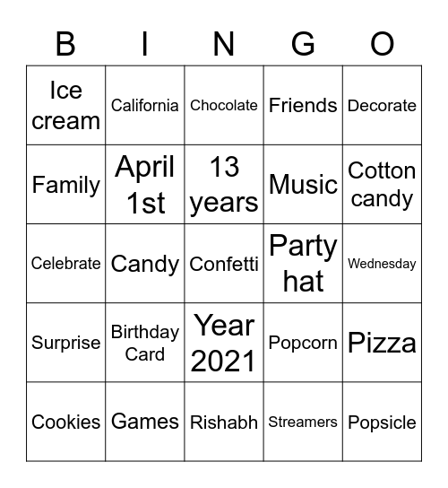 Rishabh's 13th Birthday Bingo! Bingo Card