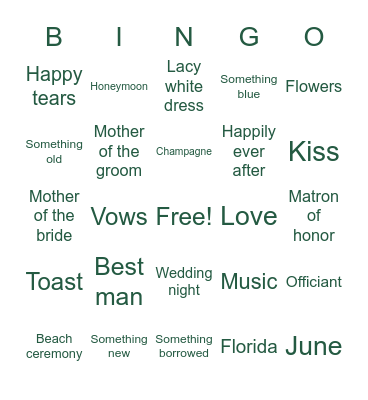 JANE'S BRIDAL BINGO! Bingo Card