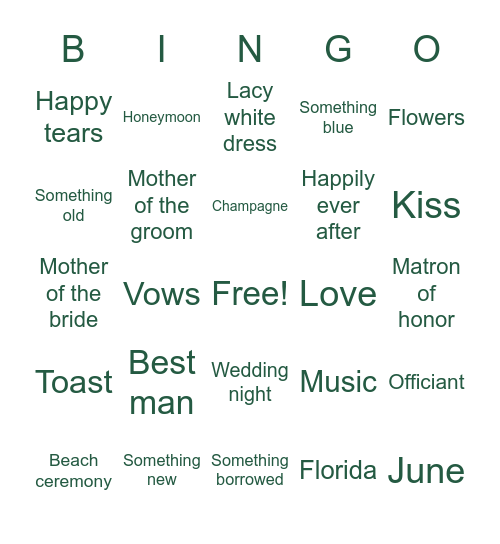 JANE'S BRIDAL BINGO! Bingo Card