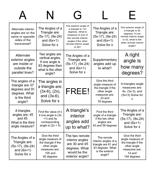 ANGLES BINGO! Bingo Card