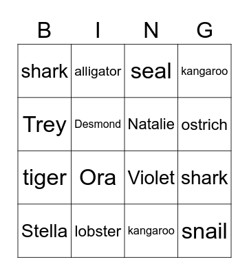 Animal Bingo Card