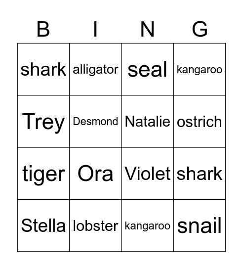 Animal Bingo Card