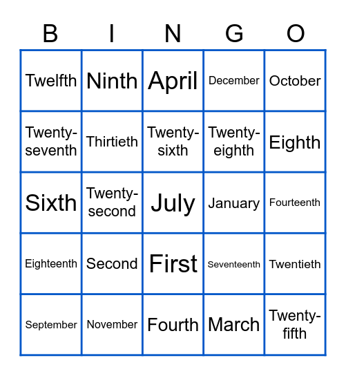 Months & Dates Bingo Card