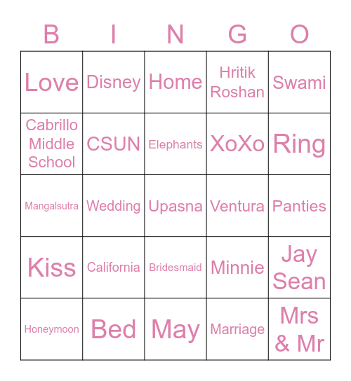Upasna's Bridal Shower Bingo Card