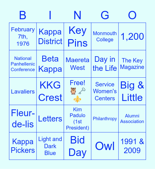 Kappa Kappa Gamma Bingo Card