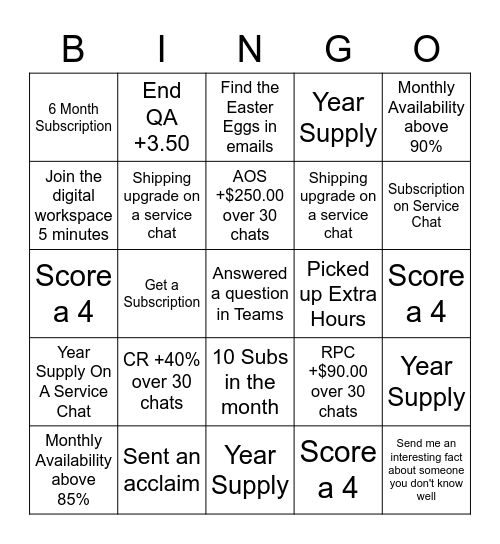 April Sales Bingo Card