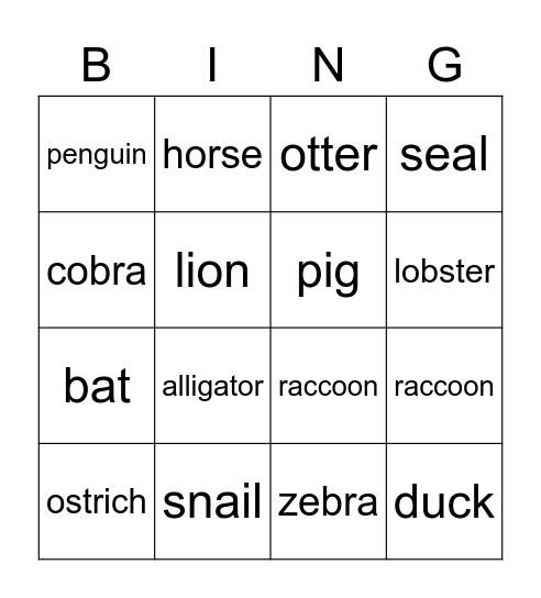 Animal Bingo Card