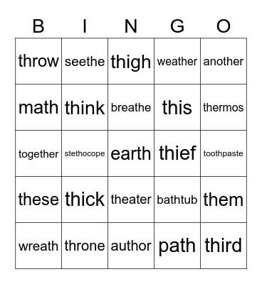 "TH" words Bingo Card