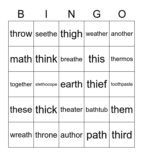 "TH" words Bingo Card