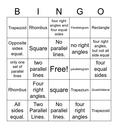 Classifying Quadrilaterals Bingo Card