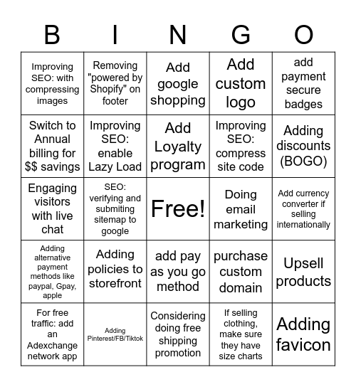 Merchant Growth Bingo Card