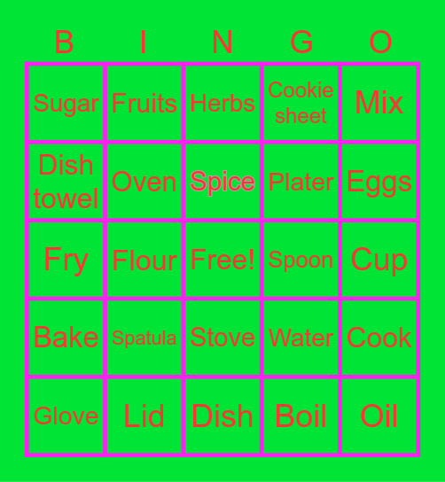 Cooking bingo Card