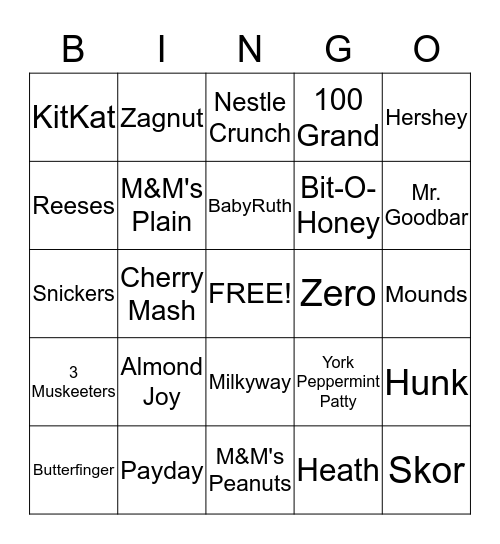 Candy Bar Bingo Card