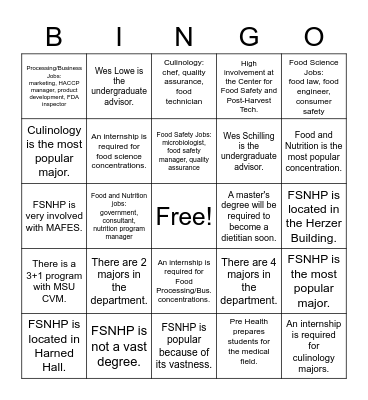 Food Science, Nutrition, and Health Promotion Bingo Card