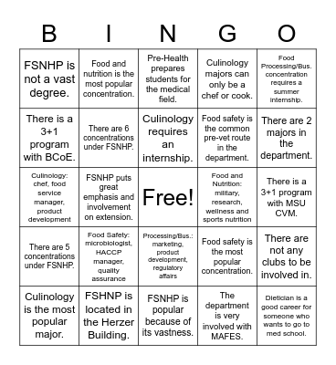 Food Science, Nutrition, and Health Promotion Bingo Card